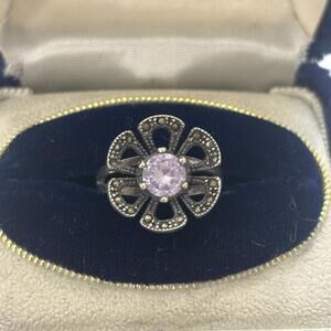 Vtg Sterling Marcasite and amethyst flower ring size 5.75